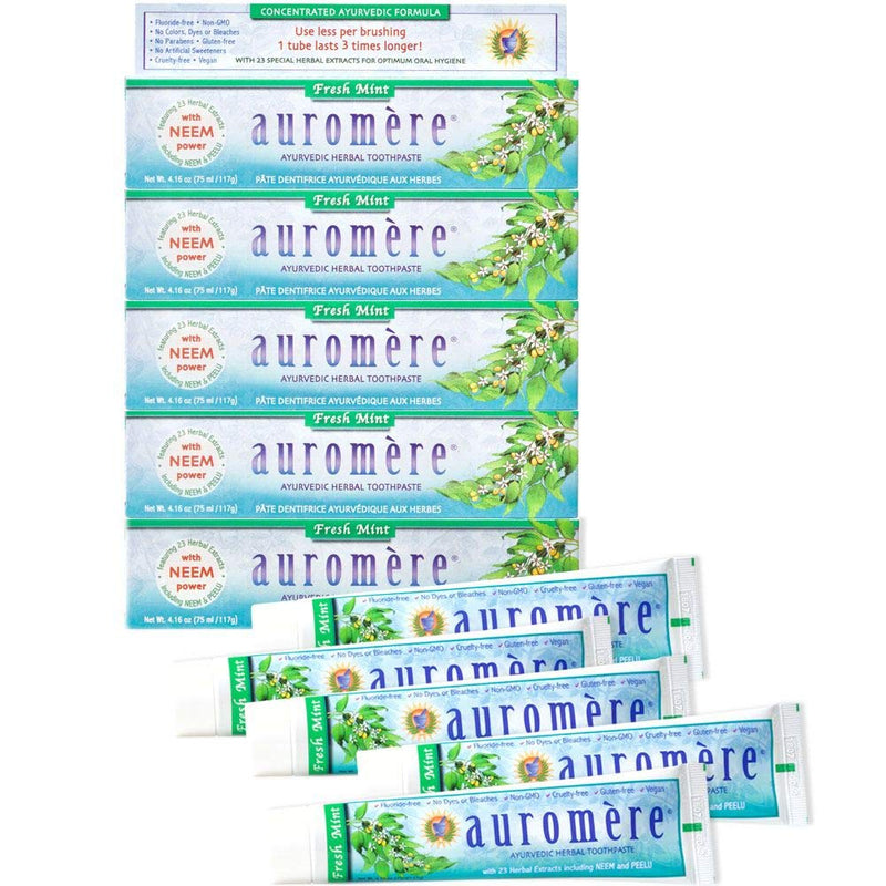 Auromere Ayurvedic Herbal Neem & Clove Toothpaste - All Natural Fluoride Free Toothpaste for Adults and Kids, Suitable for Sensitive Teeth, SLS-Free, Non GMO, Vegan, Cruelty-Free - 5 Pack 4.16 Ounce (Pack of 5)