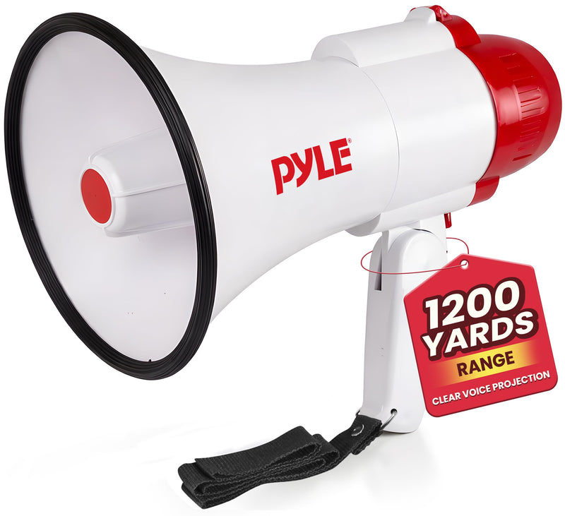 Pyle 30W Megaphone Bullhorn with 1200-Yard Range, Built-in Siren, Voice & Alarm Modes, Adjustable Volume Control, Ergonomic Pistol Grip, Foldable Handle - Ideal for Indoor/Outdoor Sports & Events White