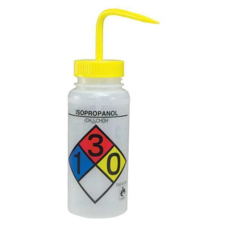 SP Bel-Art Safety-Labeled 4-Color Isopropanol Wide-Mouth Wash Bottles; 500ml (16oz), Polyethylene w/Yellow Polypropylene Cap Rinse Bottle (F11716-0008) (Pack of 4) Made in USA