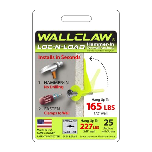 WallClaw LOC-N-Load Hammer-in Drywall Anchors with Screws, 25 Pack Green