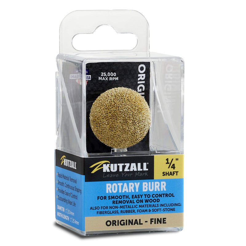 Kutzall Original Sphere Rotary Burr, 1⁄4" Shaft, Fine - Wood Carving Bit for Bosch, DeWalt, Milwaukee Tools. Abrasive Tungsten Carbide Coating, 1" (25.4mm) Head Diameter, S-1G Original - Fine Head Diameter: 1", Head Length: 1"