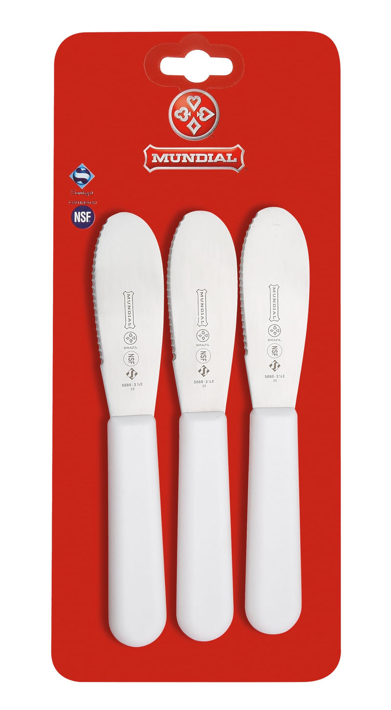 Mundial 3.5 Inch Serrated Edge Sandwich Spreader in White - Set of 3 - Brazilian High Carbon Stainless Steel Knife - Ergonomic Polypropylene Handles