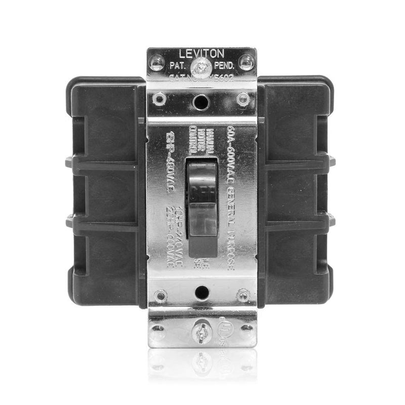 Leviton 60 Amp, 600 Volt, 2-Pole, Single Phase Single Throw, AC Manual Motor Controller, Standard Toggle, Industrial Grade, Non-Grounding, Back Wired, MS602-BW, Black