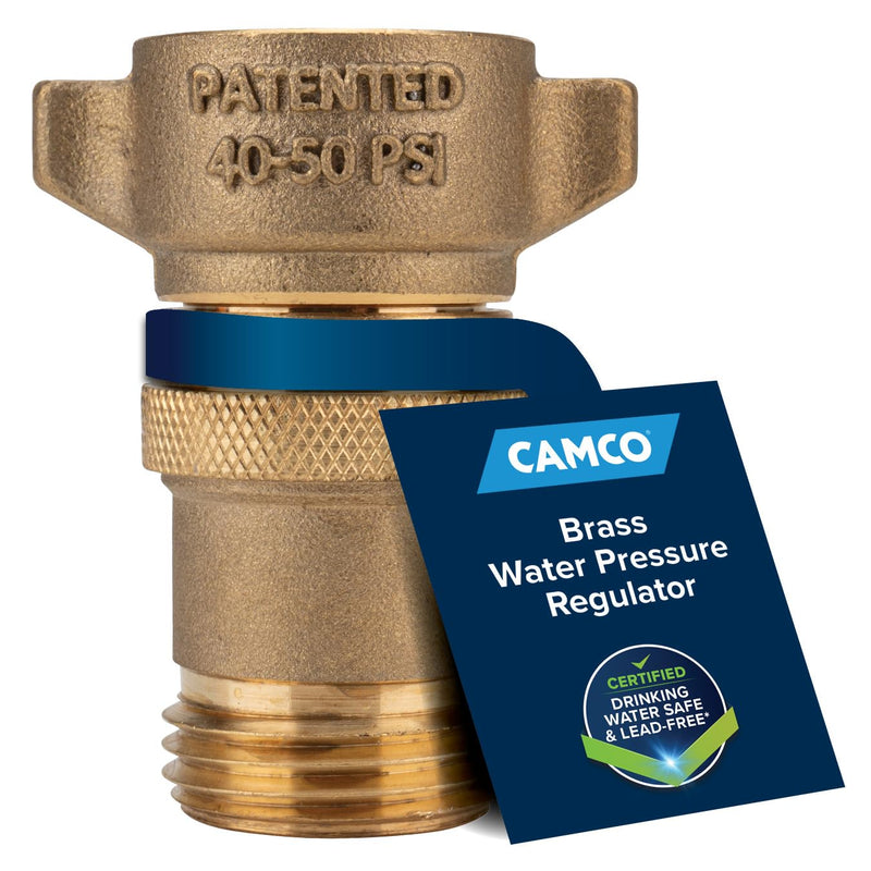 Camco Brass Marine/RV Water Pressure Regulator – Protects RV Kitchen Small Appliances, Plumbing & Hoses – Reduces RV Water Pressure to Safe & Consistent 40-50 PSI – Drinking Water Safe (40055) No Size