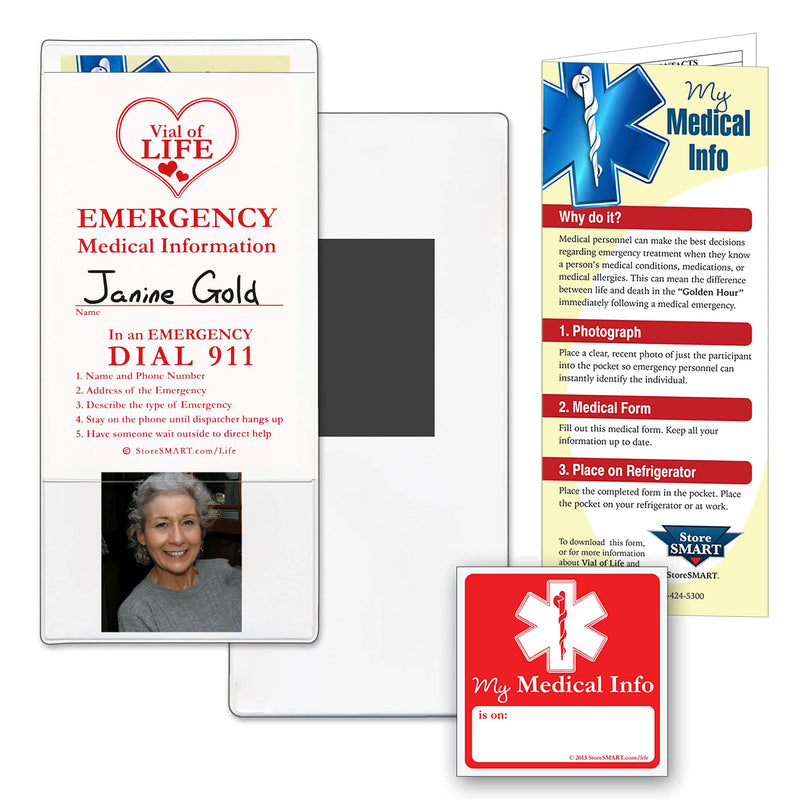 STORE SMART - Vial of Life Medical Info Pocket - Magnetic Back - 5-Pack - for Refrigerator, Locker, Filing cabinets - VHTSM-5