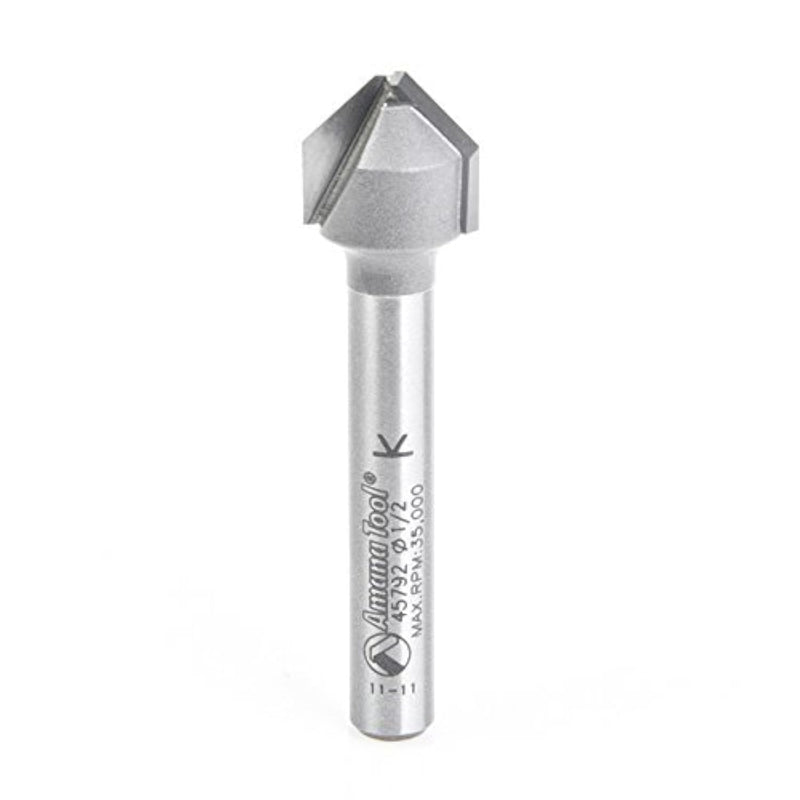 Amana Tool - 45792 Carbide Tipped Double Edge Folding V-Groove 90 Deg x 0.090" Tip Wid 3/8 CH x 1/2 D x 1/4 Inch SHK