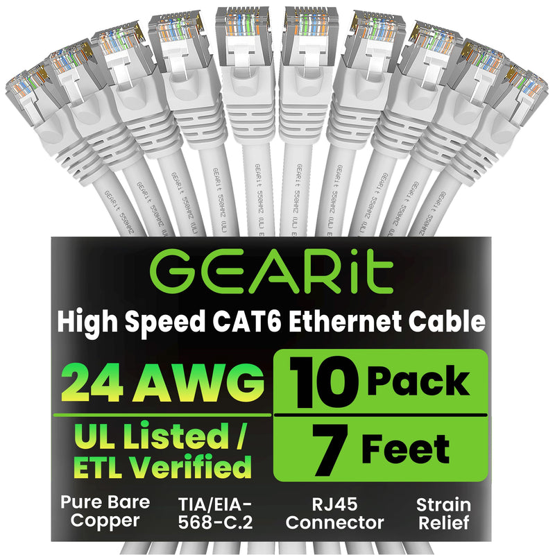 GEARit Cat 6 Ethernet Patch Cable 7 ft White (10 Pack) Cat6 Patch Cables 7ft White/Ethernet Patch Cable, 10Gbps 550MHz 24AWG Pure Copper, Snagless, Gold Plated RJ45 for Router, Server, Router, PC