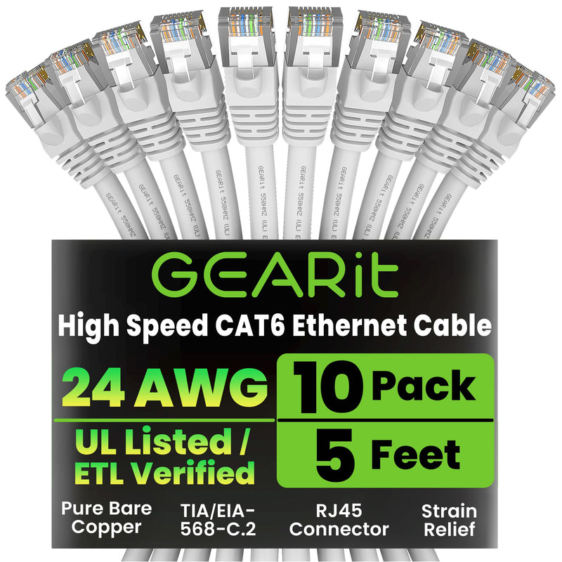 GEARit Cat 6 Ethernet Patch Cable 5 ft White (10 Pack) Cat6 Patch Cables 5ft White/Ethernet Patch Cable, 10Gbps 550MHz 24AWG Pure Copper, Snagless, Gold Plated RJ45 for Router, Server, Router, PC