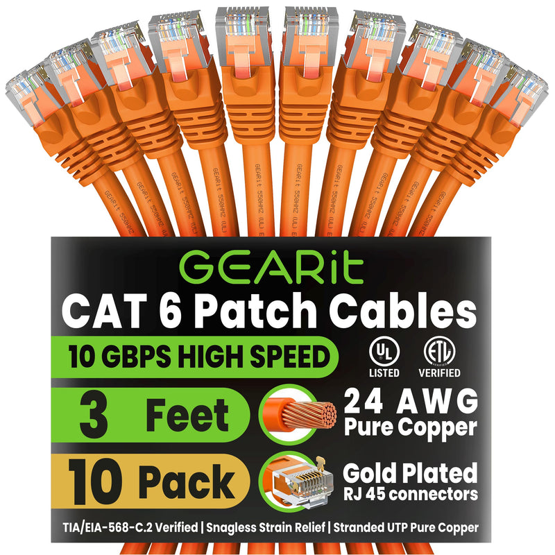 GEARit Cat 6 Ethernet Patch Cable 7 ft Orange (10 Pack) Cat6 Patch Cables 7ft Orange/Ethernet Patch Cable, 10Gbps 550MHz 24AWG Pure Copper, Snagless, Gold Plated RJ45 for Router, Server, Router, PC
