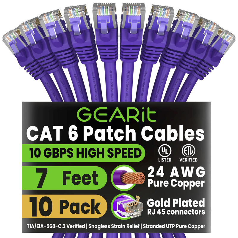 GEARit Cat 6 Ethernet Patch Cable 7 ft Purple (10 Pack) Cat6 Patch Cables 7ft Purple/Ethernet Patch Cable, 10Gbps 550MHz 24AWG Pure Copper, Snagless, Gold Plated RJ45 for Router, Server, Router, PC