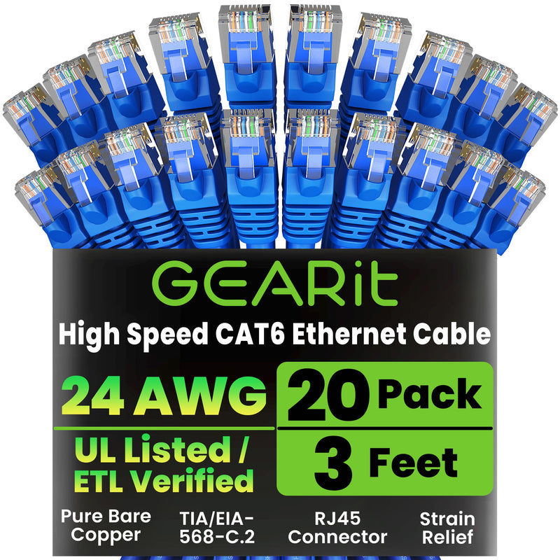 GEARit Cat 6 Ethernet Cable Pack - 20-Pack 3 ft Cat6 Ethernet Patch Cables | RJ45 Network Patch Cable, 10 Gbps Snagless Gold-Plated Connectors - Ethernet Cable Cat 6 for PC, TV, Router - Blue 3 Feet