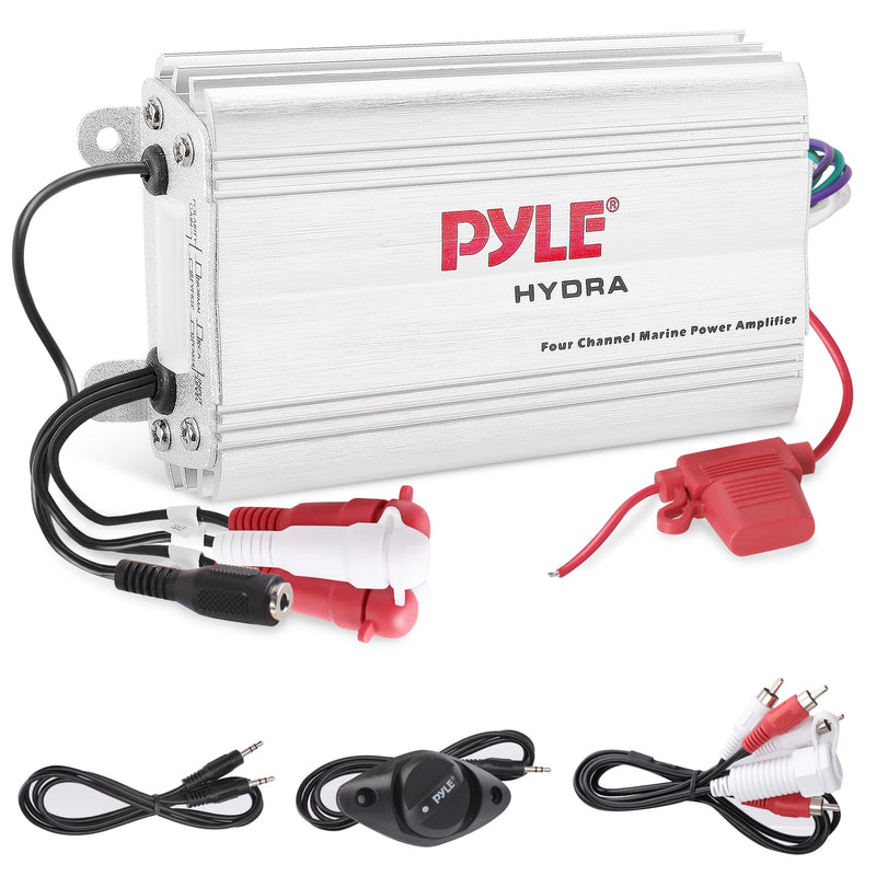 Pyle 400W 4-Channel Hydra Marine Micro Amplifier - Waterproof - RCA Input - 3.5mm Jack - MP3 - Soft Turn On/Off - Volume Gain Level Remote Control - Power Protection - PLMRMP3A Standard Packaging