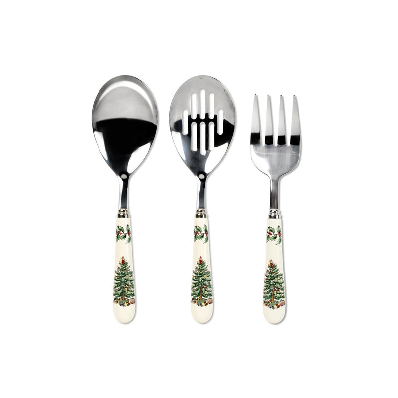 Spode Christmas Tree 3-Piece Stainless Steel Cutlery Set - Porcelain Handle Flatware with Meat Fork, Serving Spoon, & Slotted Spoon - Holiday Silverware for Christmas Dinners & Seasonal Gatherings