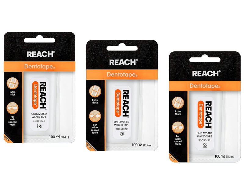 Reach Dentotape Waxed Dental Floss with Extra Wide Cleaning Surface for Large Spaces between Teeth, Unflavored, 100 Yards (Pack of 3) 300 Foot (Pack of 3)