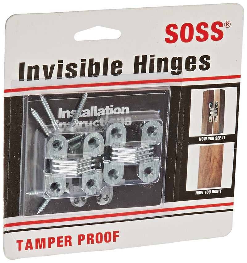 SOSS Door Hardware - 103CUS26D Mortise Mount Invisible Hinges with 4 Holes, Zinc, Satin Chrome Finish, 1-1/2" Leaf Height, 1/2" Leaf Width, 19/32" Leaf Thickness, 6 x 1" Screw Size (1 Pair) #6 x 1"