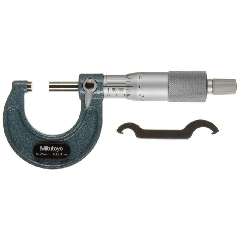 Mitutoyo 103-129 Outside Micrometer, Baked-enamel Finish, Ratchet Stop, 0-25mm Range, 0.001mm Graduation, +/-0.002mm Accuracy | Baked-enamel Finish, Ratchet Stop, 0.001mm Graduation, +/-0.002mm Accuracy
