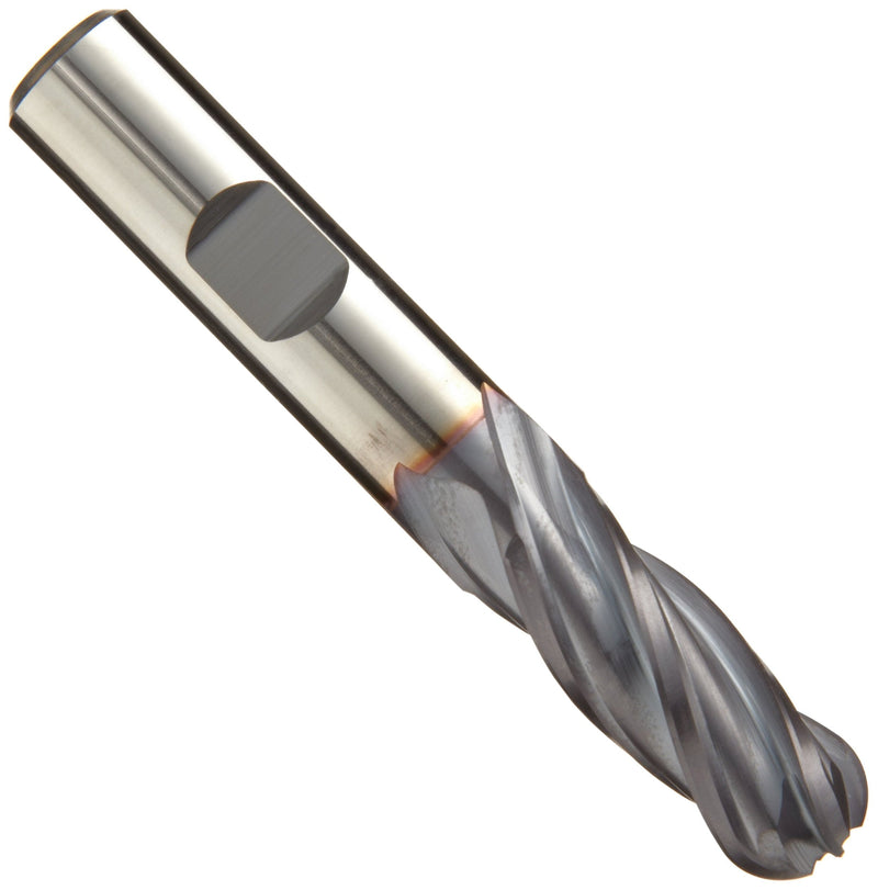 N67345 Cobalt Steel Ball Nose End Mill, Weldon Shank, TiCN Finish, Roughing and Finishing Cutting, 30-Degree, 4-Flute, 3" OAL, 0.500" Cut Diameter, 0.500" Shank Diameter 1/2 in