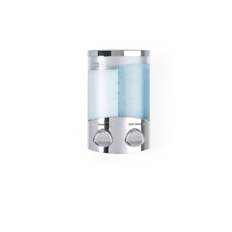 Better Living EURO Shower Dispenser Wall Mount Shower Soap Dispenser for Bathroom Hotel Body Wash, Corner or Flat Wall Shower Shampoo Dispenser, Built-in Hooks, 2 x 10.5 oz, Chrome, 2-Chamber