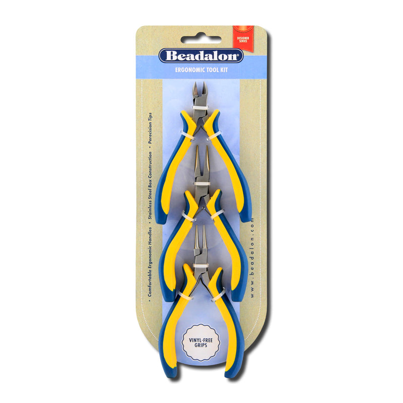 Beadalon Ergo Tool Kit – Jewelry Pliers Set with Chain Nose, Round Nose, Semi-Flush Cutter, 3 pc, 5.25 in