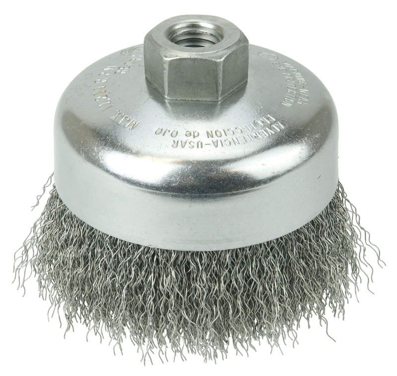 Weiler 14026 4" Crimped Wire Cup Brush, .014" Steel Fill, 5/8"-11 UNC NUT, Made in the USA 4" Dia .014" Wire Size x 1-3/8" Trim Length