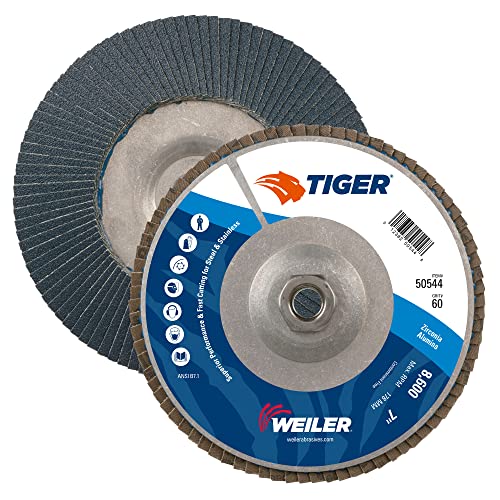 Weiler 50544 7" Tiger Disc Abrasive Flap Disc, Conical (TY29), Aluminum Backing, 60Z, 5/8"-11 UNC NUT