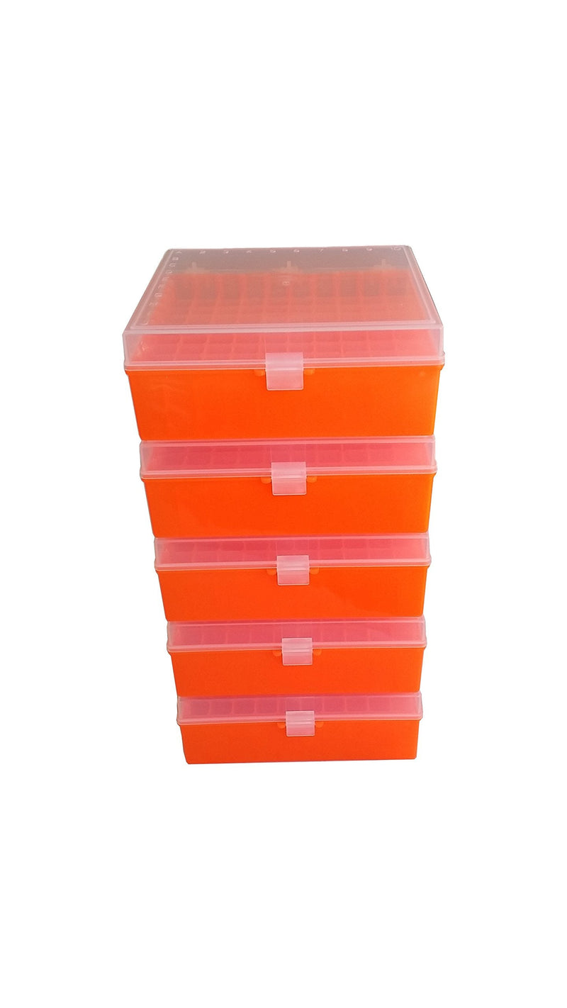 Argos R3128 Translucent Polypropylene 100 Place Microcentrifuge Tube Cryogenic Storage Box with Orange Lid for 0.5, 1.5 and 2.0mL Microcentrifuge Tubes (Pack of 5)
