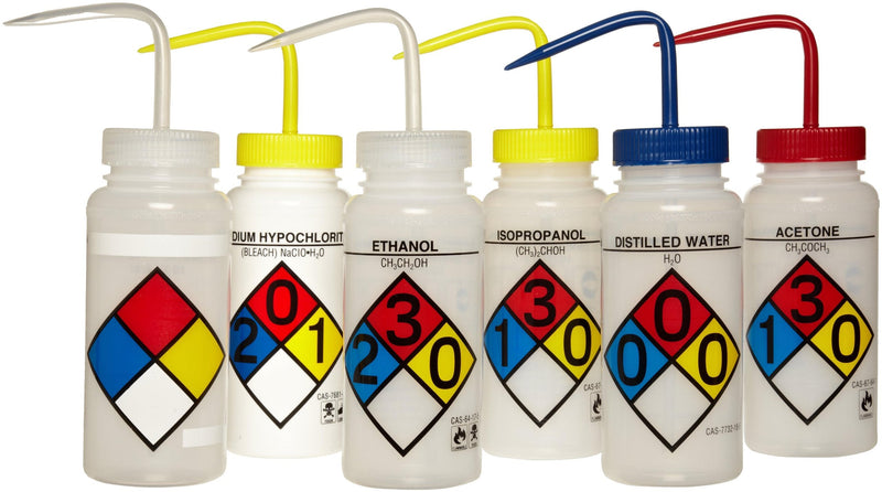 SP Bel-Art Safety-Labeled Assorted 4-Color Wide-Mouth Wash Bottles; 500ml (16oz), Polyethylene w/Polypropylene Cap, (Pack of 6) (F11716-0050) Made in USA 16.9 Ounces