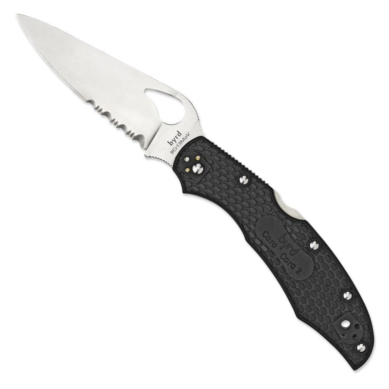 Spyderco Byrd Cara Cara 2 Lightweight Folding Knife, CombinationEdge | Black, 8.5" Overall Length, 3.77" 8Cr13MoV Steel Blade, FRN Handle, Back Lock, Full-Flat Grind