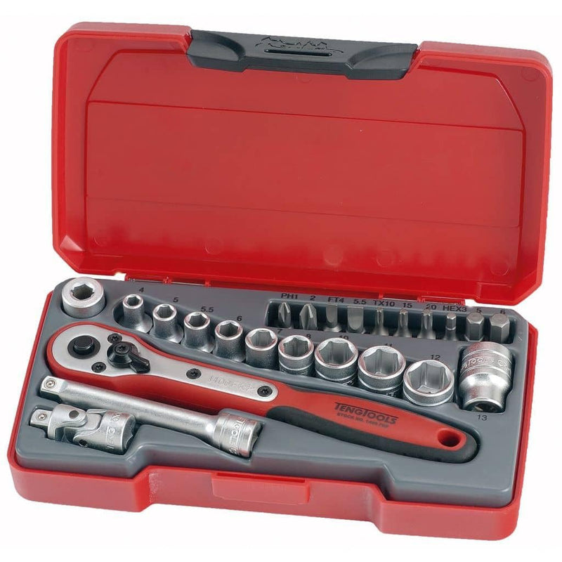 Teng Tools 24 Piece 1/4 Inch Drive 6 Point Metric Regular/Shallow Socket Set (4mm - 13mm) - T1424, Silver, 1 - pack Metric Drive