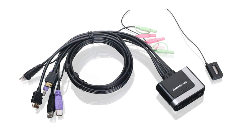 IOGEAR 2-Port USB HDMI Cabled KVM Switch - 1920 x 1200 60Hz - Hotkey or Remote Button Switch - 2.1 Stereo - USB 2.0 Mouse Port Can Be Used As USB Hub and USB Peripheral Sharing - Mac / Win - GCS62HU