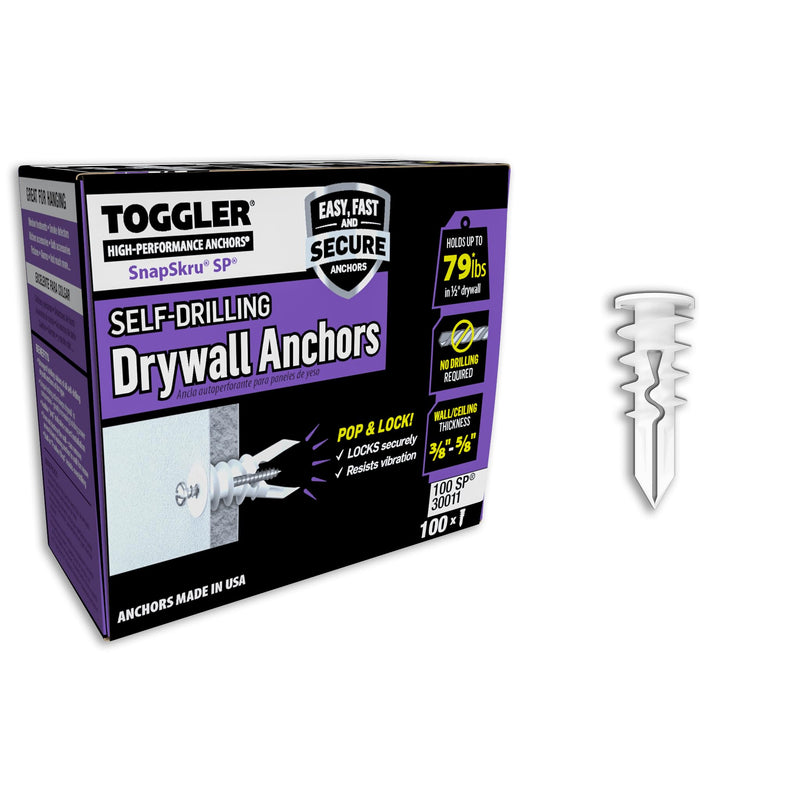 TOGGLER SnapSkru SP Self Drilling Drywall Anchor for Hollow Walls Application, Glass Filled Nylon, Made in USA, Wall Anchors, Anchors Kit for #6 to #10 Fasteners, (100 Pack Without Screws) 100 Pack w/o Screws Self-Drilling