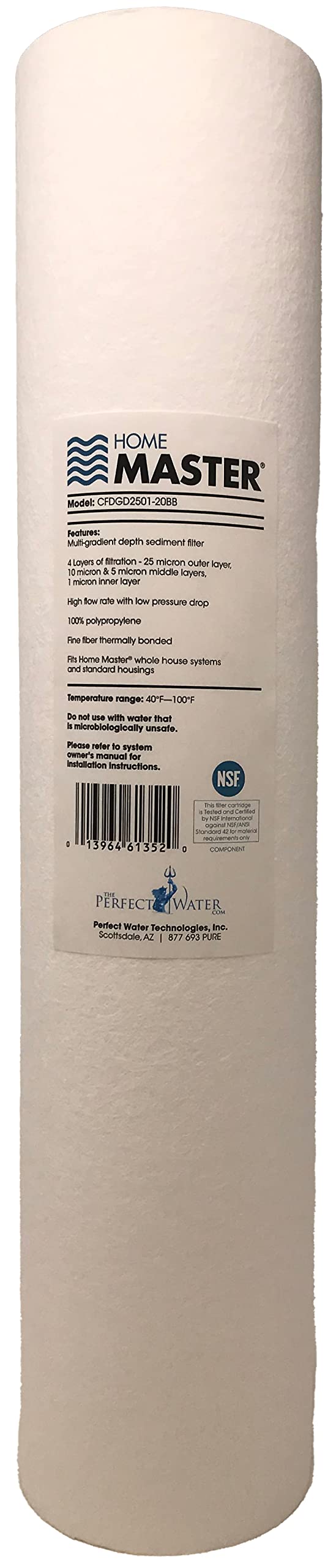 Home Master CFDGD2501-20BB Replacement Whole House Sediment Filter, 4-layers 25 to 1 Micron Nominal, High-flow 20gpm, Fits Big Blue, 20" x 4.5" Sediment 4-Layer 20x4.5"