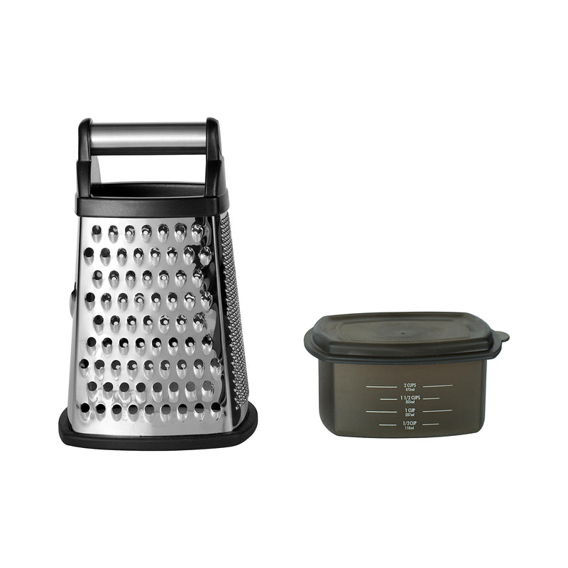 KitchenAid Gourmet 4-Sided Stainless Steel Box Grater for Fine, Medium and Coarse Grate, and Slicing, Detachable 3 Cup Storage Container and Measurment Markings, Dishwasher Safe, 10 inches tall, Black 10 Inch