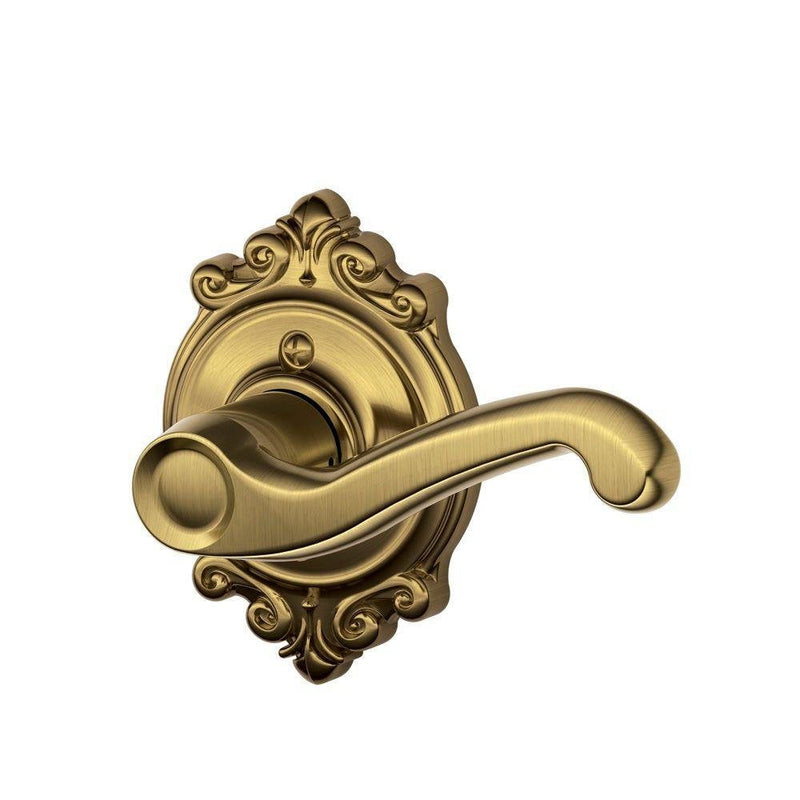 SCHLAGE F170-FLA-BRK-RH Flair Right Handed Non-Turning One-Sided Dummy Door Lever with Decorative Brookshire Trim - Antique Brass One Sided Dummy RH