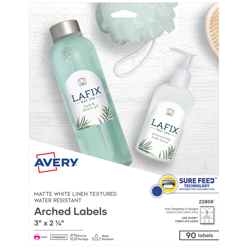 Avery Arched Labels with Sure Feed for Laser Printers, Water Resistant, 3" x 2.25", 90 Labels (22809) One Size