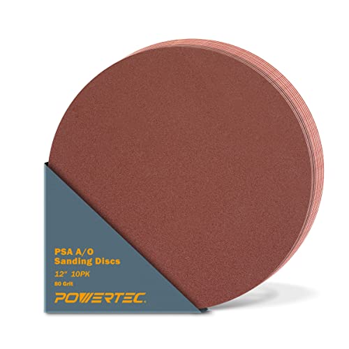 POWERTEC 10 PCS 80 Grit 12 Inch PSA Sanding Discs, Self Stick Adhesive Sandpaper, 12" for Drywall, Woodworking, Paint, Epoxy with Random Orbital Sanders, DA Sanders, 6x48 Belt Disc Sander (110600V) 80 Grit, 10PK