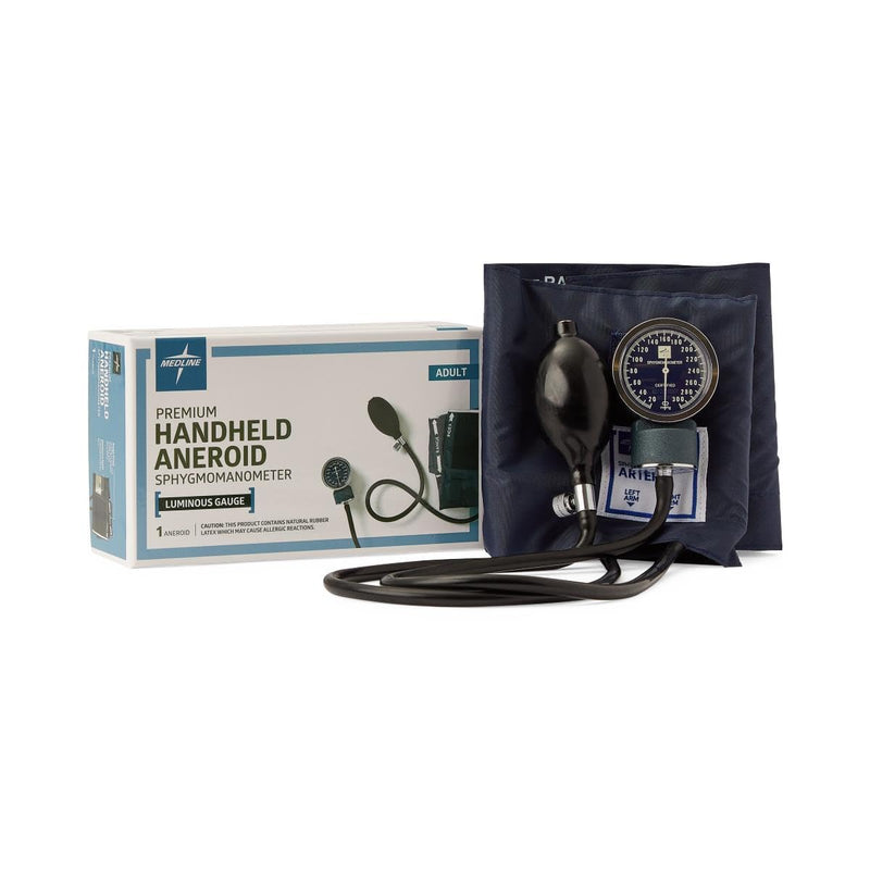 Medline Premier Handheld Aneroid Sphygmomanometer, Accurate Readings, Navy, Adult Blood Pressure Cuff 1