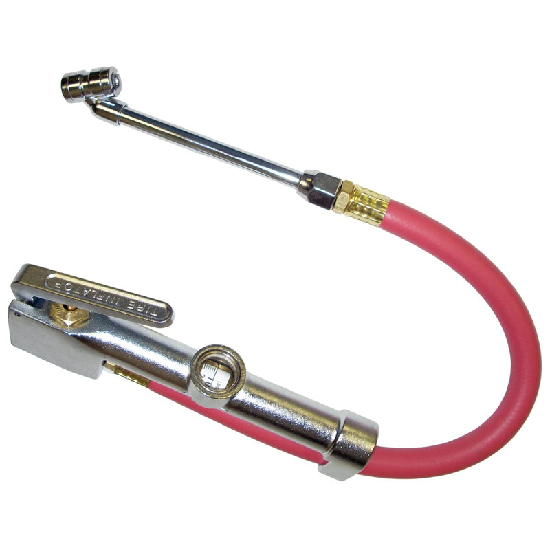 K Tool International 89002 Tire Inflator Gauge with Dual-Head Chuck for Garages, Repair Shop and DIY, 15" Air Hose, 1/4" NPT, 10 to 120 PSI, Chrome Plated Head, Weather Proof Aluminum Body, Angled Tip