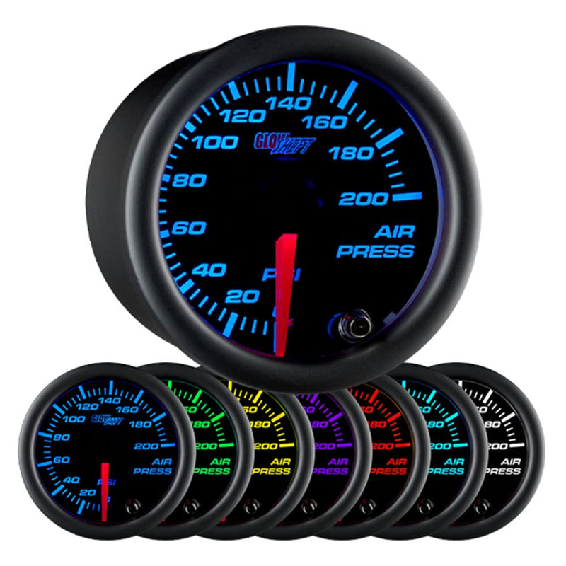 GlowShift Black 7 Color 200 PSI Mechanical Air Pressure Gauge for Air Ride Suspension Systems - Includes Wiring - Multi-Color Display - Black Dial - Clear Lens - 2-1/16" 52mm