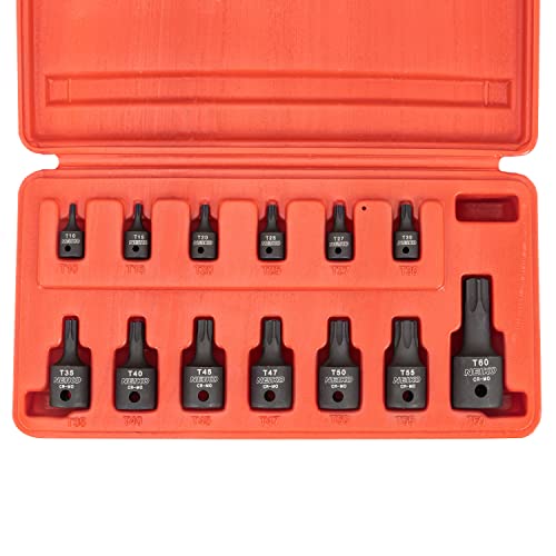 NEIKO 10281B Impact Torx Bit Socket Set, 1/4", 3/8" and 1/2" Drive, 6 Point Star Sockets, Heavy Duty Impact Grade Cr-Mo, T10 to T60 High Impact, Professional Grade Auto & Motorcycle Mechanic Socket 13 Piece
