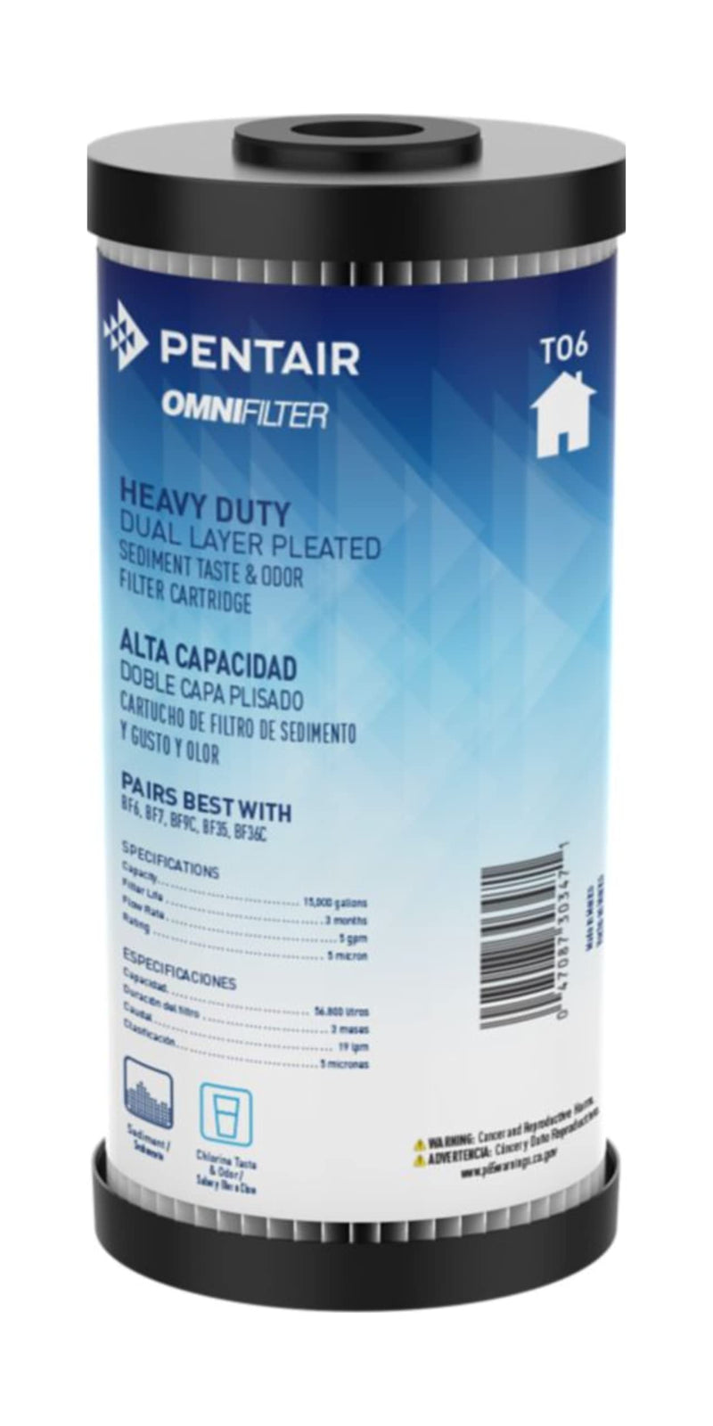 Pentair OMNIFilter TO6 Carbon Water Filter, 10-Inch, Whole House Heavy Duty Big Blue Dual Layered Pleated Sediment and Carbon Wrap Taste & Odor Replacement Cartridge, 10" x 4.5", 5 Micron 1 Count (Pack of 1)