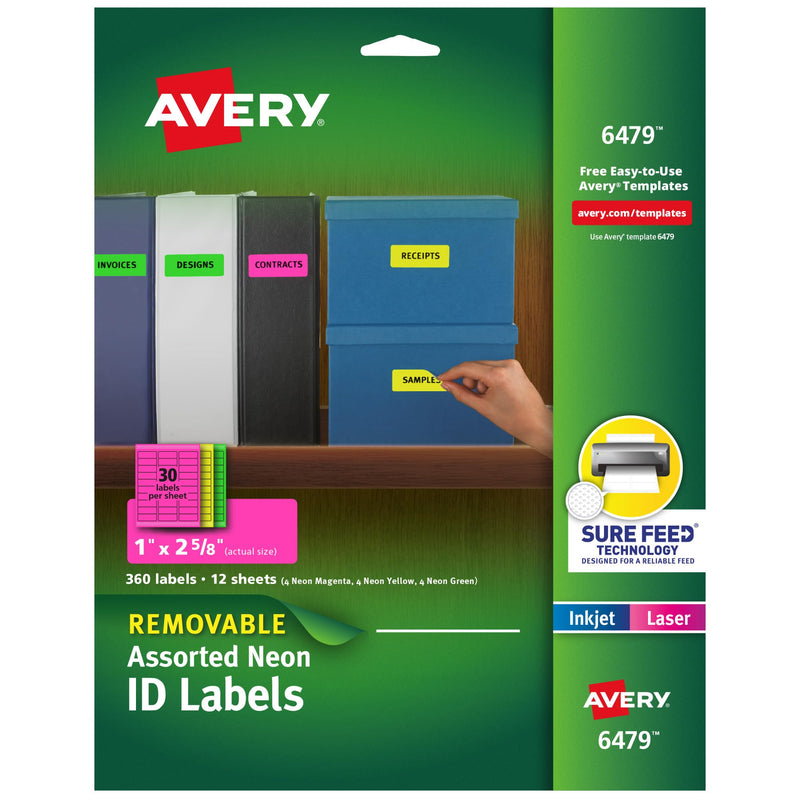 Avery Printable Labels with Sure Feed, 1" x 2-5/8", Assorted Neon Colors (Green, Magenta, and Yellow), Removable Adhesive, Laser & Inkjet Compatible, 360 Blank Labels Total (6479) 1"H x 2 5/8"W