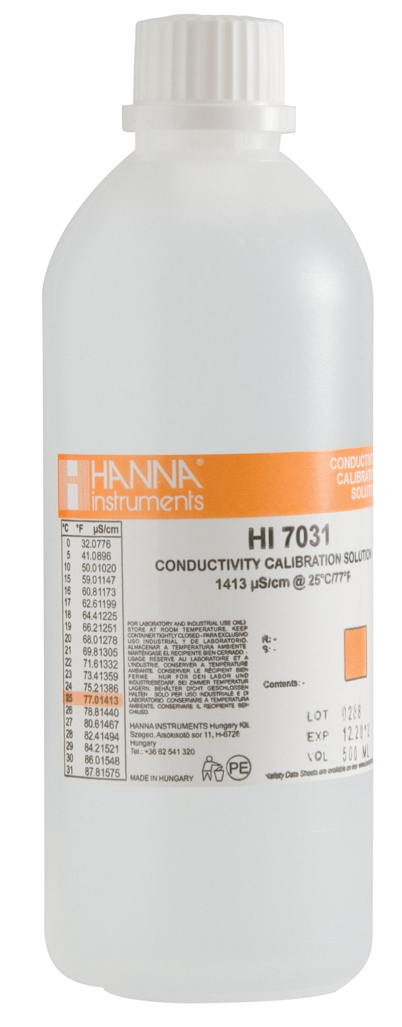 Hanna Instruments HI7031L 1413 µs/cm Conductivity Calibration Solution, 500mL Bottle