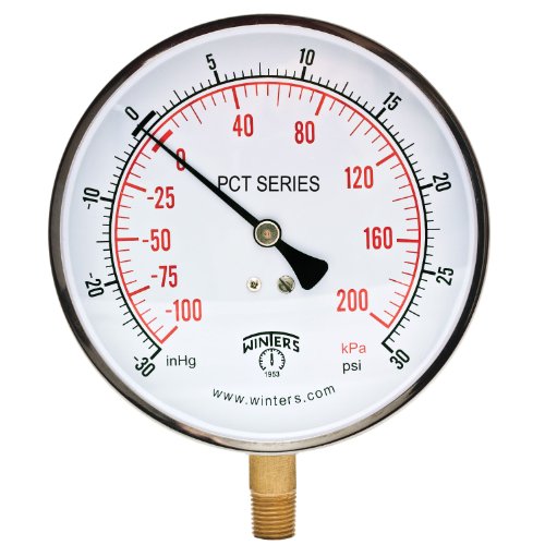 Winters PCT Series Stainless Steel 304 Dual Scale Contractor Pressure Gauge, 30" Hg Vacuum-0-30 psi/kpa, 4-1/2" Dial Display, +/-1% Accuracy, 1/4" NPT Bottom Mount 30"Hg Vacuum-0-30 psi/kpa