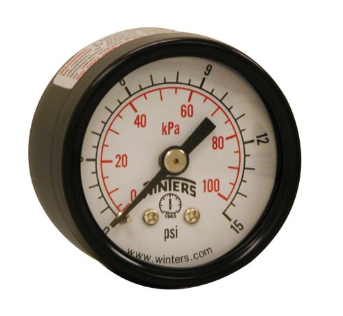 Winters 1-1/2 inch Dial Size, Economy Utility Dry Pressure Gauge, Brass Internals, Black Steel Case, Dual Scale 0-15 psi/kPa, 3-2-3% Accuracy, 1/8 inch NPT Back Mount, Multi Function Pressure Gauge 0/15 PSI/KPA