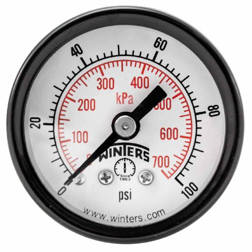 Winters 1-1/2 inch Dial Size, Economy Utility Dry Pressure Gauge, Brass Internals, Black Steel Case, Dual Scale 0-100 psi/kPa, 3-2-3% Accuracy, 1/8 inch NPT Back Mount, Multi Function Pressure Gauge 0/100 PSI/KPA
