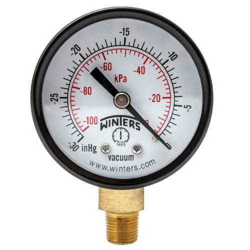 Winters 2 inch Dial Size, Economy Utility Dry Pressure Gauge, Brass Internals, Black Steel Case, Dual Scale 30 inch Hg-0 Vac/kPa, 3-2-3% Accuracy, 1/8 inch NPT Bottom Mount, Vacuum Pressure Gauge 30" Hg VAC/KPA