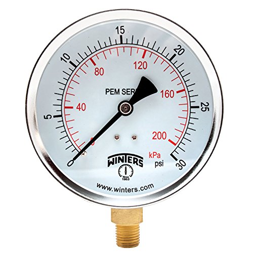 Winters 4 inch Dial Size, Multi Function Economy Utility Dry Pressure Gauge, Brass Internals, Steel Case, Dual Scale 0-30 psi/kPa, 3-2-3% Accuracy, 1/4 inch NPT Bottom, Glass Lens, Pressure Gauge 0/30 PSI/KPA