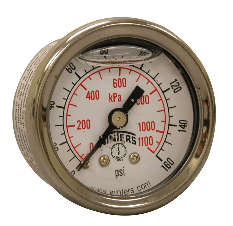 Winters 1-1/2 inch Dial Size, Glycerin Filled Industrial Pressure Gauge, Brass Internals, 304 Stainless Steel Case, Dual Scale 0-160 psi/kPa, 2.5% Acc, 1/8 inch NPT Back Mount, Liquid Filled Gauge 0/160 PSI/kPa