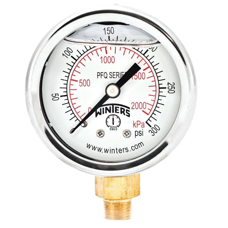 Winters 2" Dial Size, Liquid Filled Industrial Pressure Gauge, Brass Internals, 304 Stainless Steel Case, Dual Scale 0-300 psi/kPa, 2.5% Acc, 1/8" NPT Bottom Mount, Glycerin Filled Pressure Gauge 0/300 PSI/kPa